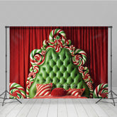 Aperturee Aperturee Whimsical Christmas Headboard Photography Backdrop Green Tufted Bed with Candy Canes Candyland Photo Prop